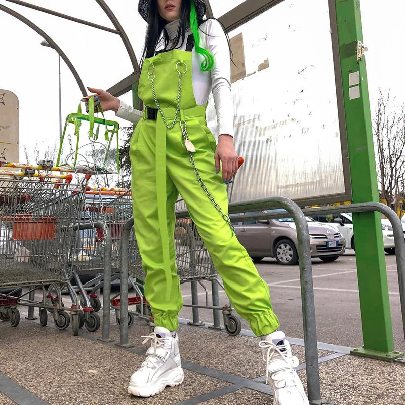 Зеленые комбинезоны брюки женские 2020 Новый Уличная в стиле Harajuku железные для