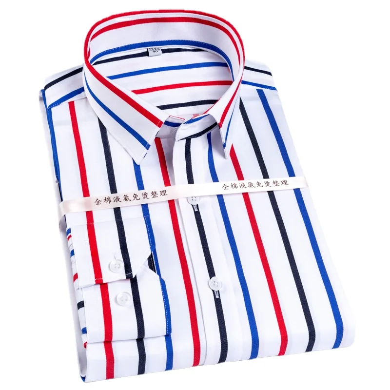 

Men's Dress Shirt Long-Sleeve Color Block Striped Wrinkle-Resistant Standard-fit Hidden Button Collar Casual Pure Cotton Shirts