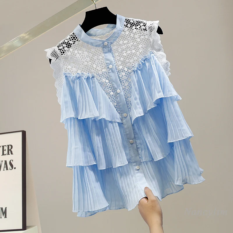 Sexy Hollow Lace Stitching Pleated Sleeveless Shirt Woman Summer New Slim Tops Lady Chic Top Blouses Blusas Femme 
Sexy Hollow Lace Stitching Pleated Sleeveless Shirt Woman Summer New Slim Tops Lady Chic Top Blouses Blusas Femme