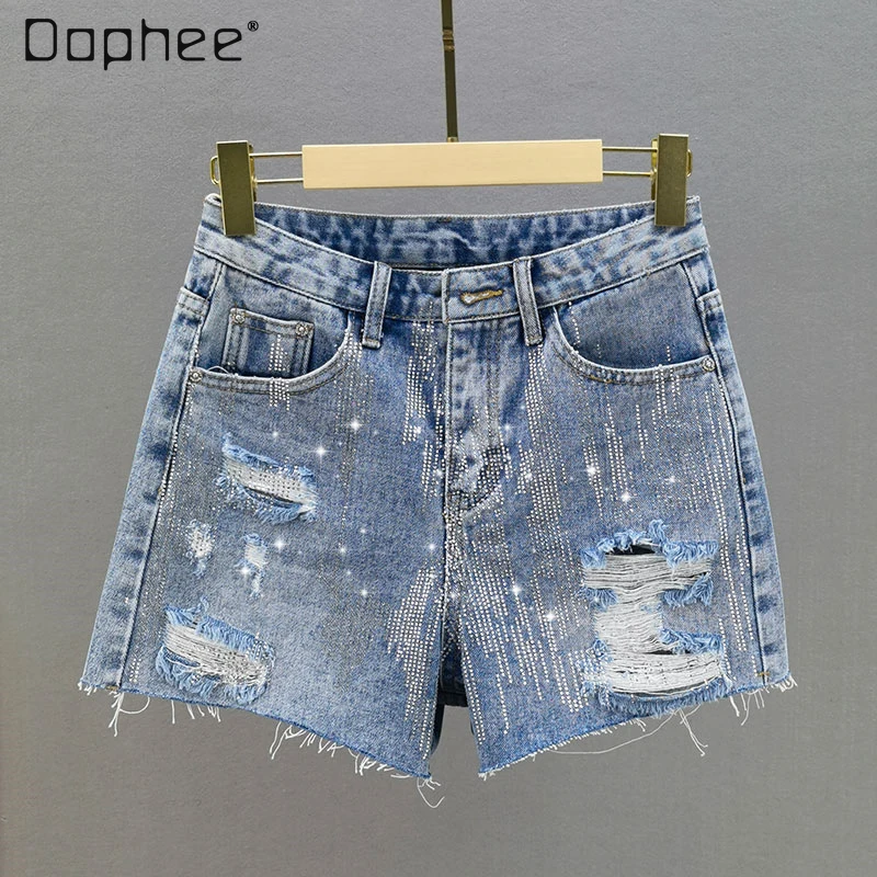 2021 Summer New Hot Rhinestone Ripped High Waist Loose and Slimming Light Blue Wide-Leg Pants Denim Shorts
2021 Summer New Hot Rhinestone Ripped High Waist Loose and Slimming Light Blue Wide-Leg Pants Denim Shorts