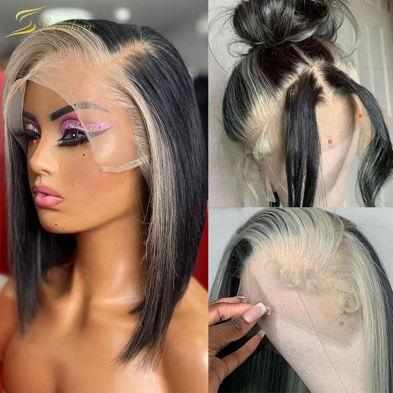 

Highlight Black And White Wig Color Preplucked Hairline 613 Blonde Short Bob 13x4 Human Hair Lace Front Wigs HD Frontal Straight