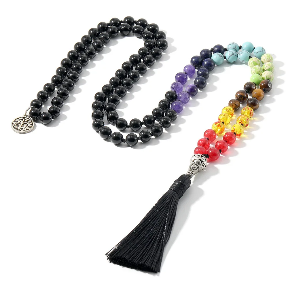 Natural 7 Chakra Black Onyx 108 Mala Beads with Tree of Life Pendant Necklace Bohemian Meditation Yoga Necklace
Natural 7 Chakra Black Onyx 108 Mala Beads with Tree of Life Pendant Necklace Bohemian Meditation Yoga Necklace