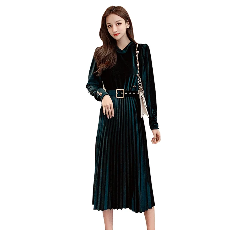 Autumn winter dress women vintage long-sleeved pleated velvet dress ladies elegant slim A-Line velvet party dress female belt
Autumn winter dress women vintage long-sleeved pleated velvet dress ladies elegant slim A-Line velvet party dress female belt