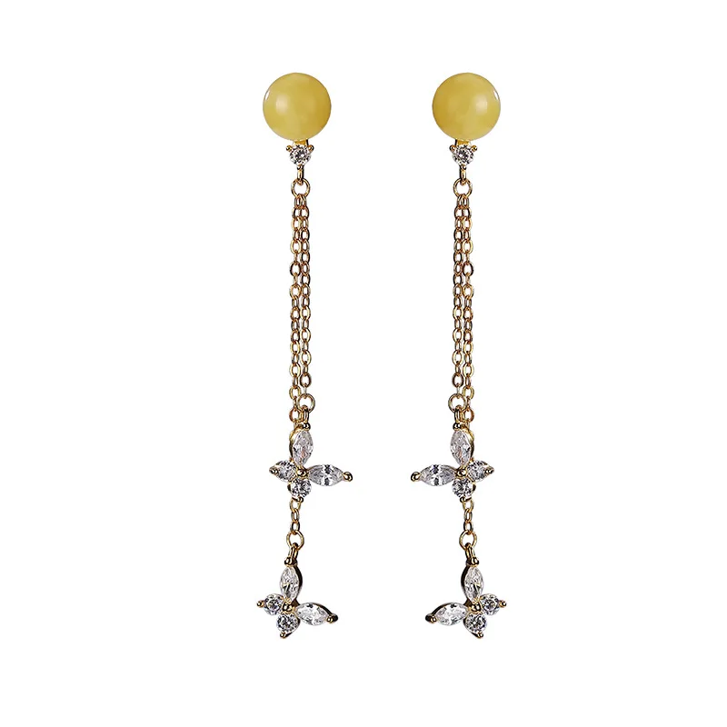 925 sterling silver gold-plated natural amber beeswax stud earrings long tassel temperament entry Lux women's earrings
925 sterling silver gold-plated natural amber beeswax stud earrings long tassel temperament entry Lux women's earrings