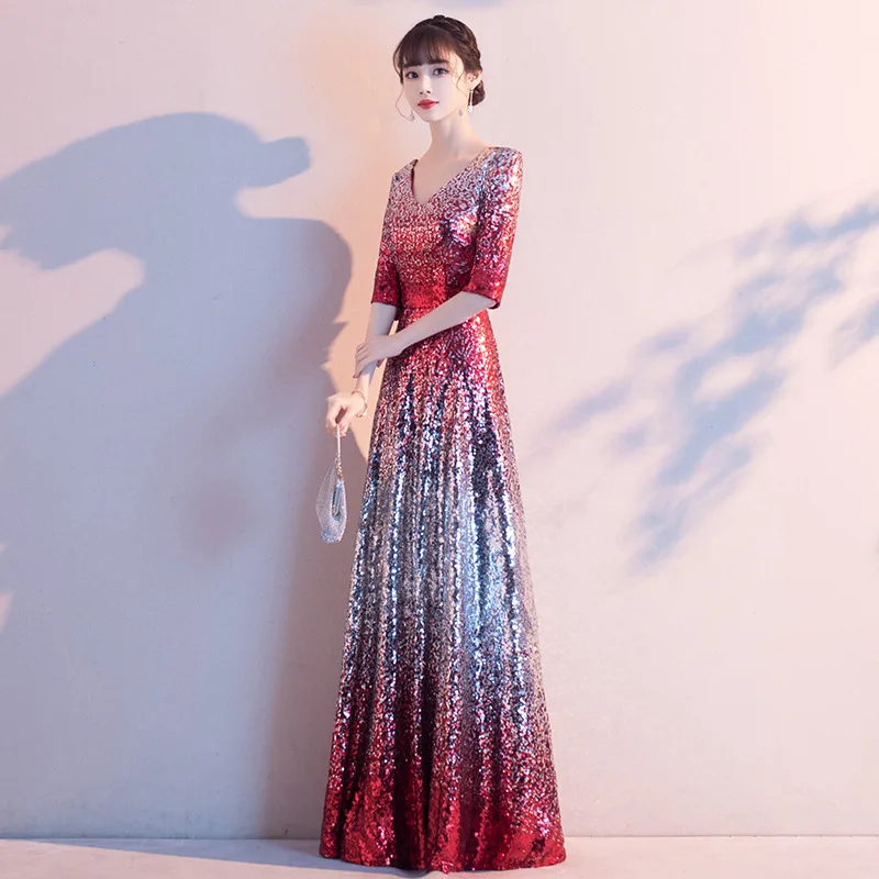 Female Gradient Sequins Trim Banquet Gown Exquisite Floor-Length Formal Party Dress Sexy V-Neck Backless Elegant Prom Dresses
Female Gradient Sequins Trim Banquet Gown Exquisite Floor-Length Formal Party Dress Sexy V-Neck Backless Elegant Prom Dresses