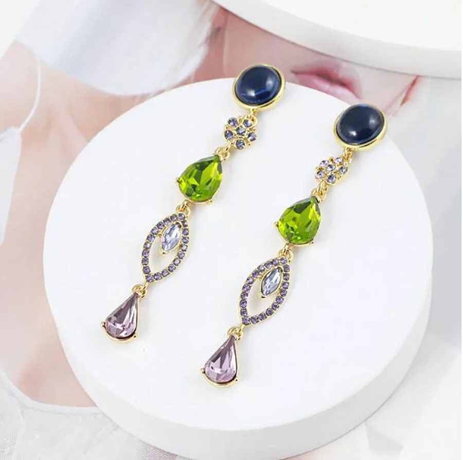 

Color rhinestone sparkling earrings for women vintage waterdrop long banquet dinner gorgeous ear jewelry