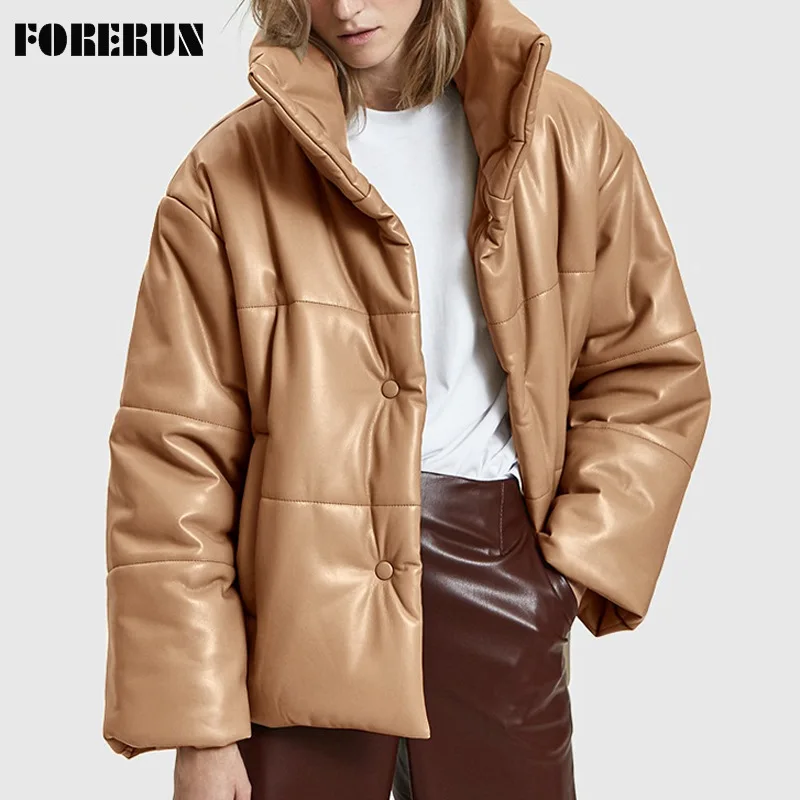 FORERUN Oversized PU Leather Jacket Women Solid Short Cotton Padded Bubble Coat Lapel Collar Fashion Winter Puffer Overcoat
FORERUN Oversized PU Leather Jacket Women Solid Short Cotton Padded Bubble Coat Lapel Collar Fashion Winter Puffer Overcoat