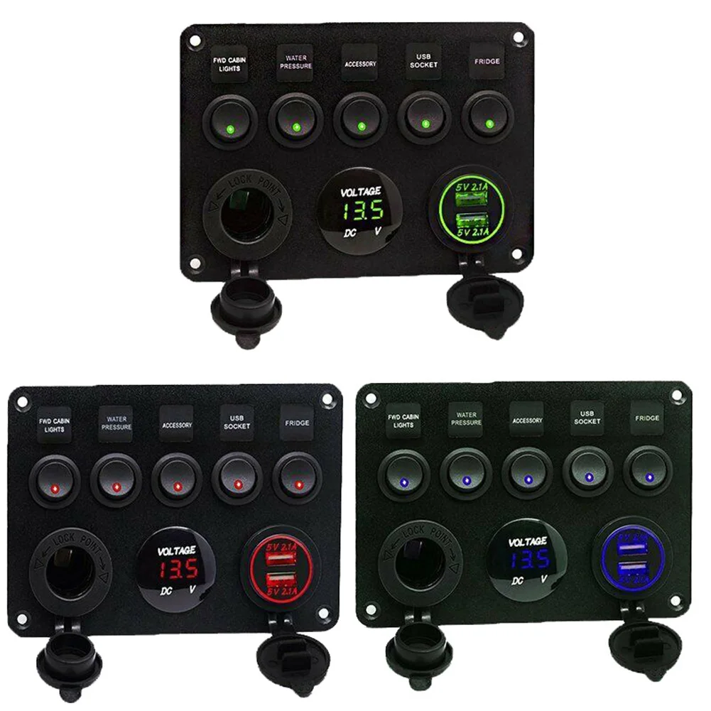 5 Gang Rocker Switch Panel 12-24V 4.2A Dual USB Charger 12V Outlet Digital Voltmeter Toggle Switch Panel for Boat Camper RV
5 Gang Rocker Switch Panel 12-24V 4.2A Dual USB Charger 12V Outlet Digital Voltmeter Toggle Switch Panel for Boat Camper RV