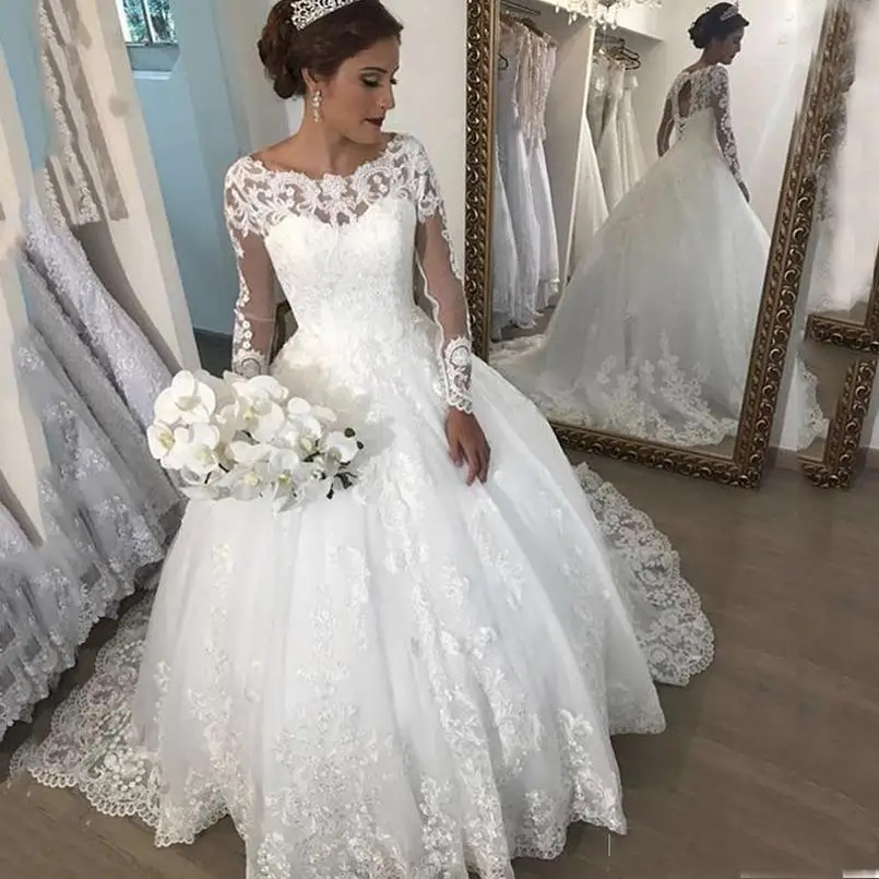 Custom Made Long Sleeves Lace Ball Gown Wedding Dresses with Appliques Jewel Neck Sweep Train Plus Size Bridal Gowns
Custom Made Long Sleeves Lace Ball Gown Wedding Dresses with Appliques Jewel Neck Sweep Train Plus Size Bridal Gowns