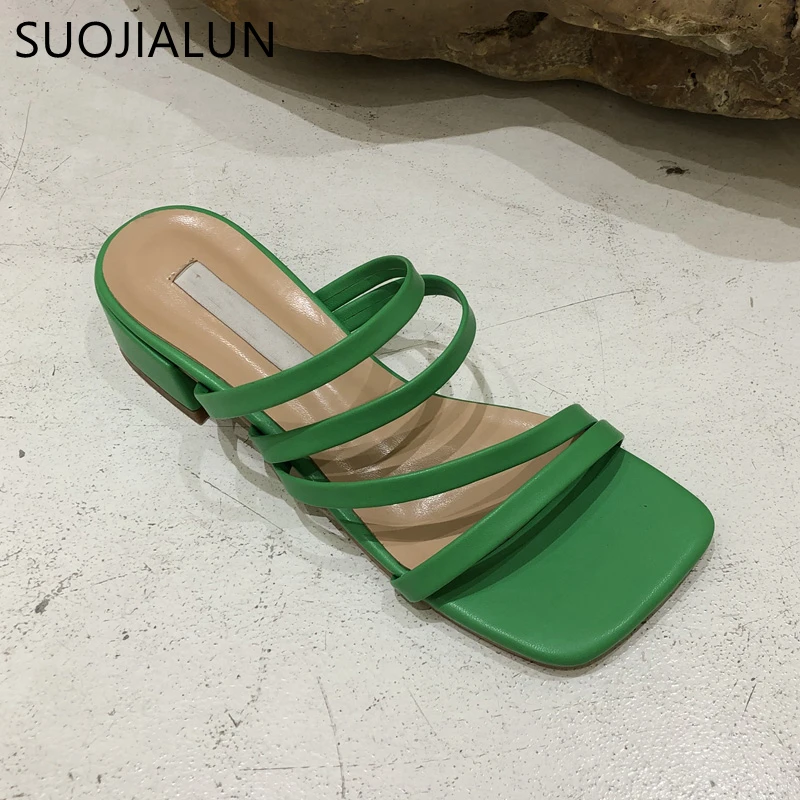 Женские шлепанцы SUOJIALUN 2021 Модные Зеленые летние пляжные сандалии без застежки