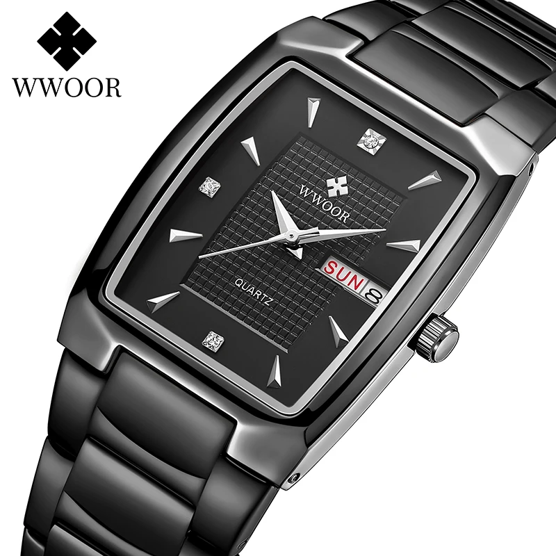Часы наручные WWOOR мужские с квадратным циферблатом модные деловые черные