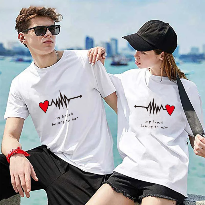 

Пара футболка для влюбленных Летние «любящее сердце» пары футболка "Влюбленные" парень девушка одежда, одинаковые футболки для мужчин и жен...