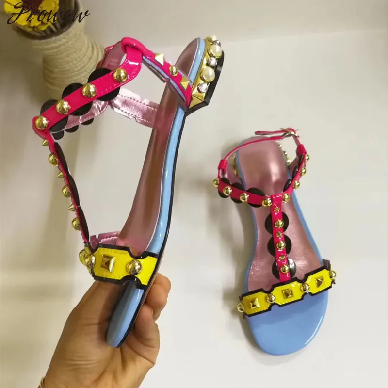 Prowow Fashion Color Pink Yellow Bicolor T-strap Flat Sandals Metal Decor Bohemian Beach Shoes Gladiator Shoes Women
Prowow Fashion Color Pink Yellow Bicolor T-strap Flat Sandals Metal Decor Bohemian Beach Shoes Gladiator Shoes Women