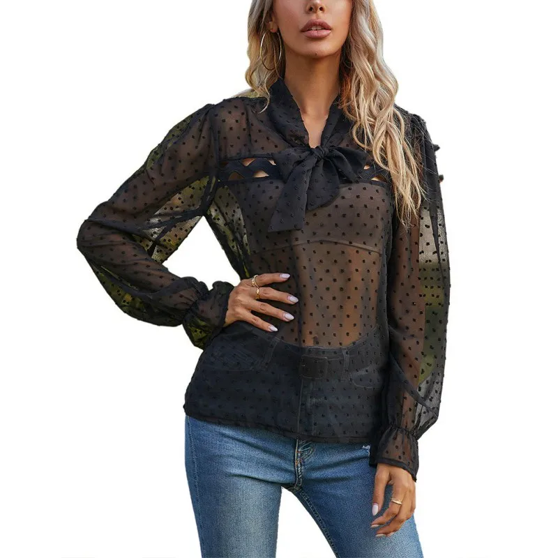 Fashion Lace Bow Tie Shirt Perspective Sleeve Casual Ladies Sexy Tops Female Women Long Sleeve Shirt 
Fashion Lace Bow Tie Shirt Perspective Sleeve Casual Ladies Sexy Tops Female Women Long Sleeve Shirt