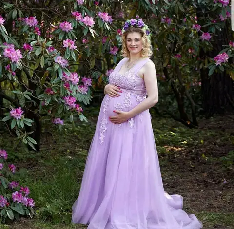 Платье-трапеция для беременных женщин, вечернее кружевное платье с V-образным вырезом, халат, украшенный бисером
