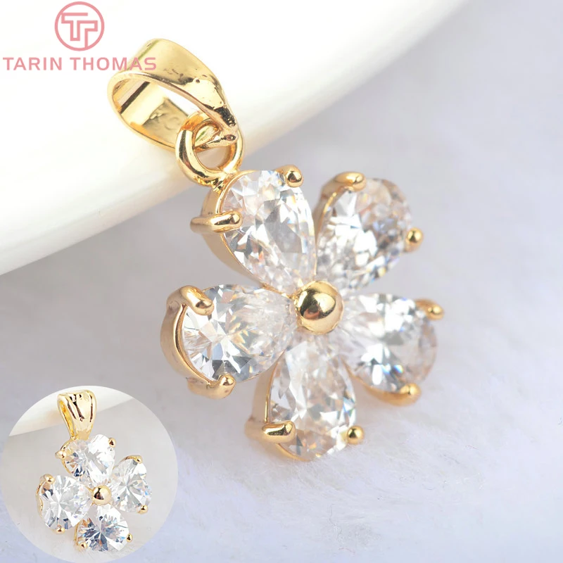 4 шт. 23*15 мм 14x14 5 MM 24K Gold Цвет латунь с циркониевое цветочное подвески Высокое