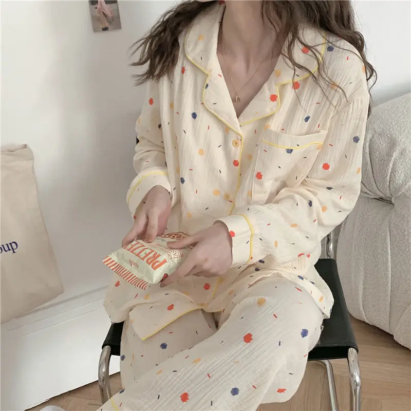 

QWEEK Cotton Pijama Polka Dot Women's Pajamas Korean Sleepwear Long Sleeve Autumn Female Sets Pyjamas Negligee Cardigan Suit Pjs