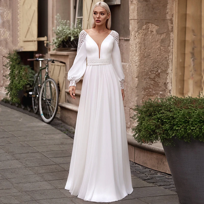 UETEEY Chic Beach Chiffon Wedding Dress Deep V-Neck Long Sleeves Lace Applique Sweep Train Plus Size Backless Wedding Gowns 2022
UETEEY Chic Beach Chiffon Wedding Dress Deep V-Neck Long Sleeves Lace Applique Sweep Train Plus Size Backless Wedding Gowns 2022