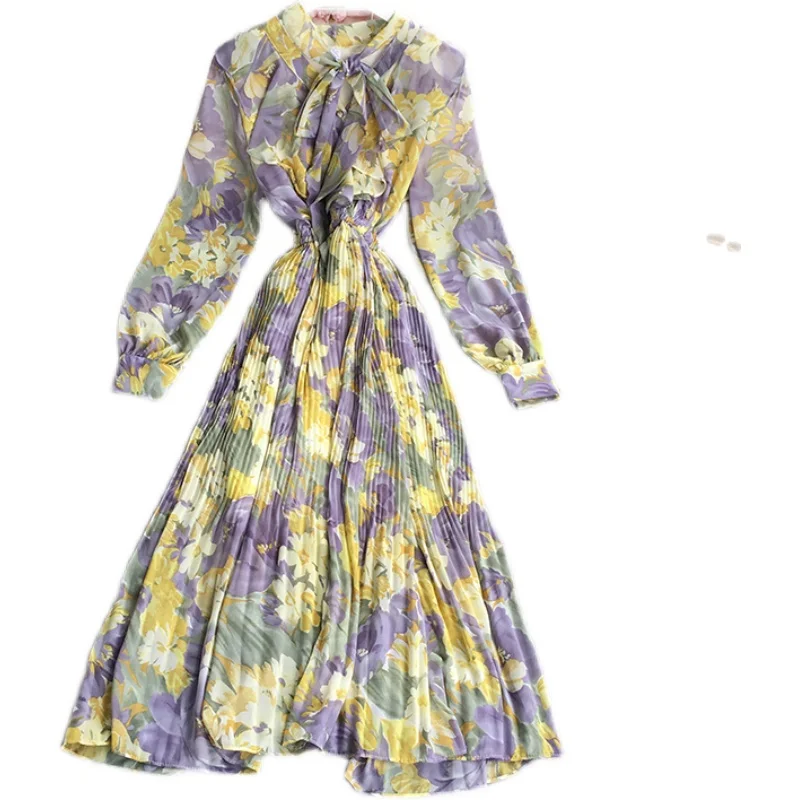 Vacation Dress Women Beach Autumn Bow Tie Collar Long Sleeve Dress Vintage Floral Print Pleated Fairy Mid-calf Dresses Vestidos
Vacation Dress Women Beach Autumn Bow Tie Collar Long Sleeve Dress Vintage Floral Print Pleated Fairy Mid-calf Dresses Vestidos