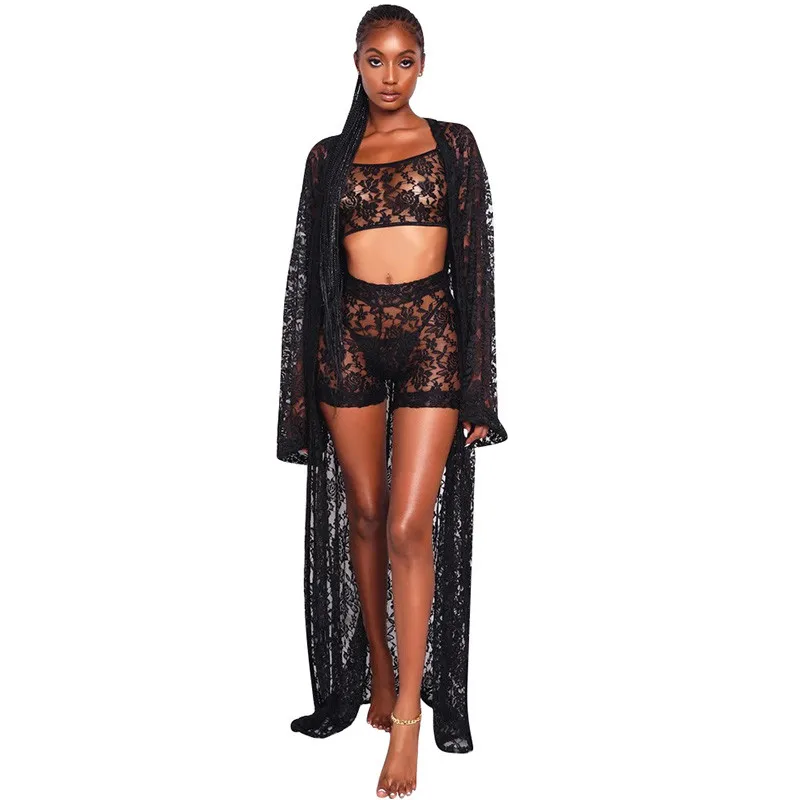 Women Sheer Floral Lace 3 Piece Set Long Cardigan Coat Spaghetti Strap Crop Top with Shorts Sexy Night Club Outfits Matching Set
Women Sheer Floral Lace 3 Piece Set Long Cardigan Coat Spaghetti Strap Crop Top with Shorts Sexy Night Club Outfits Matching Set