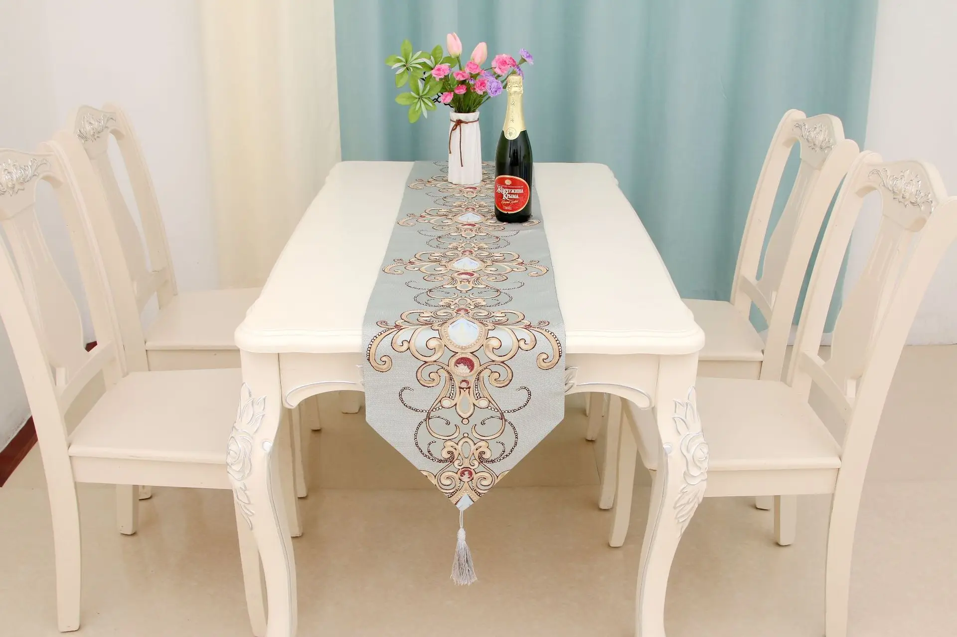 

Nordic luxury embossed heart of the sea sapphire table runner coffee table bed towel cover cloth table runner