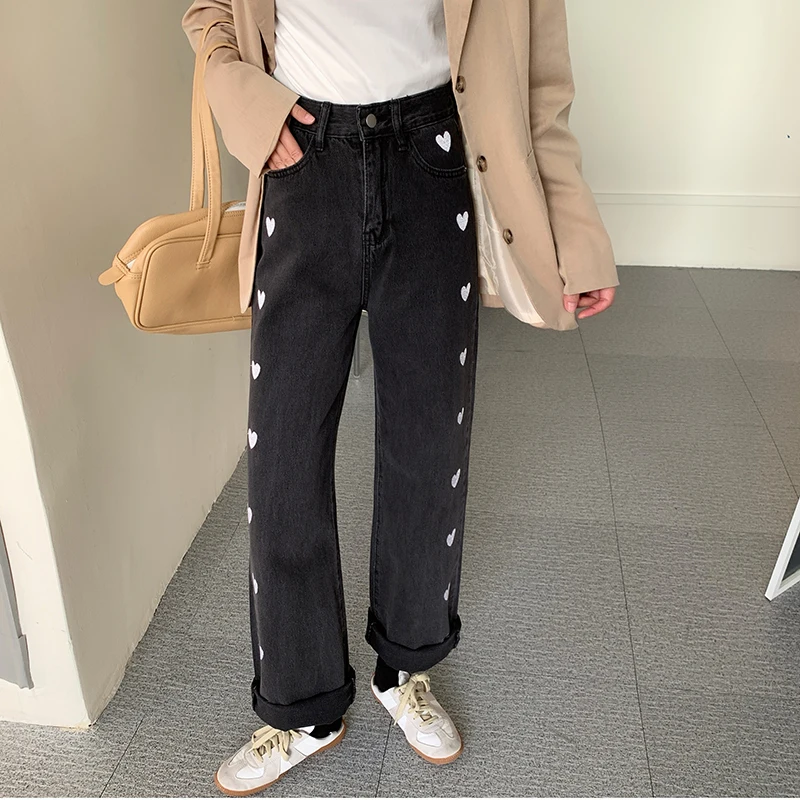 Korean Style Loose Straight Jeans Plus Size Cute Heart Print Wide Leg Jeans Women High Waist Denim Trouser Black Jeans
Korean Style Loose Straight Jeans Plus Size Cute Heart Print Wide Leg Jeans Women High Waist Denim Trouser Black Jeans