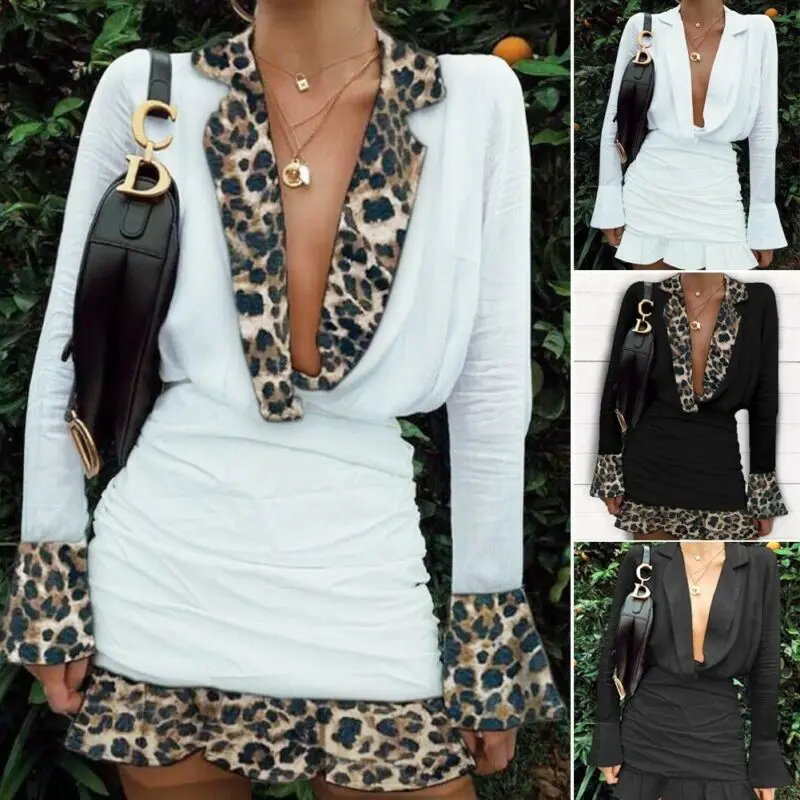 2019 Fashion Dress Women Long Sleeve Deep V Neck Lapel Dress Ruffle Cuff Short Leopard Patchwork Work Dress
2019 Fashion Dress Women Long Sleeve Deep V Neck Lapel Dress Ruffle Cuff Short Leopard Patchwork Work Dress