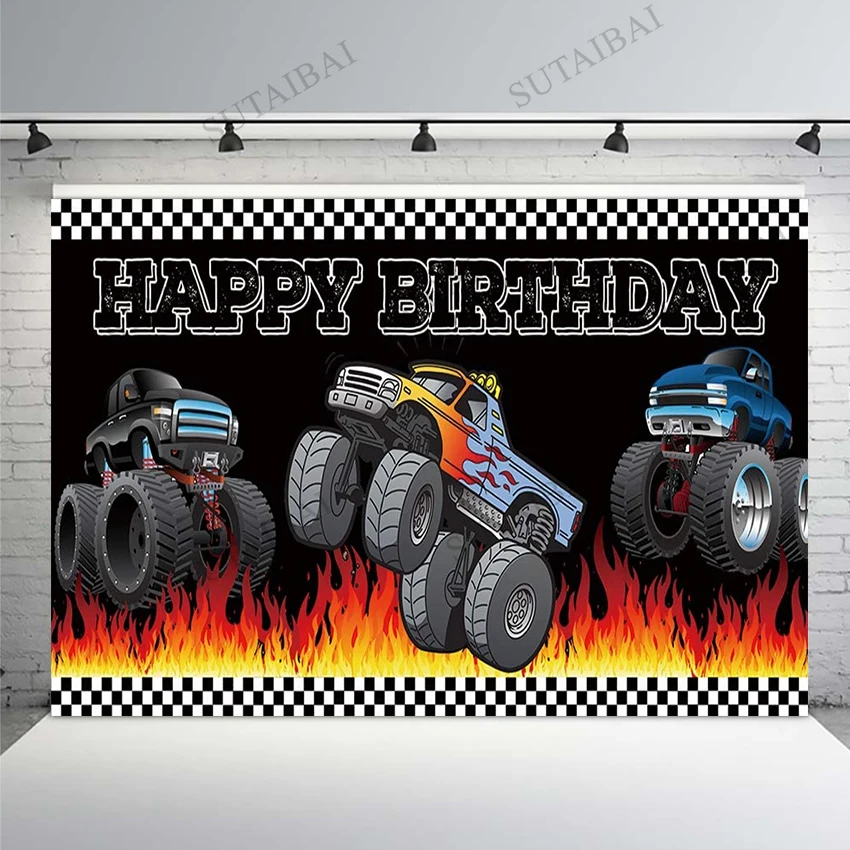 

Blaze Truck Birthday Party Backdrop Monster Cartoon Racing Cars Flag Photography Background for Baby Boy Portrait Photo Studio