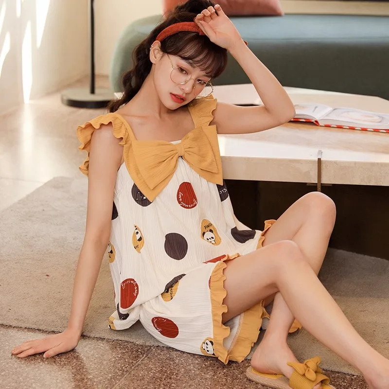 Pajamas Sets Women Comfort Summer Chic Sexy Spaghetti Strap Sleepwear Sweet Cartoon Printed Trendy Womens Yellow Bows Nightwear
Pajamas Sets Women Comfort Summer Chic Sexy Spaghetti Strap Sleepwear Sweet Cartoon Printed Trendy Womens Yellow Bows Nightwear