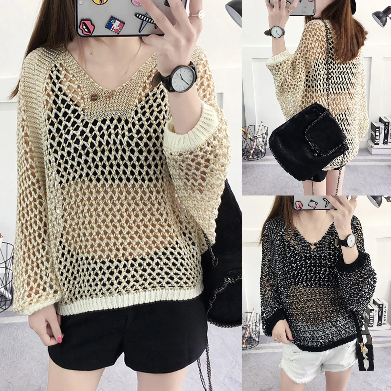 2021 Spring Summer Pullover New Korean Women's Casual V-neck Solid Hedging Shirt Hollow Out Knitting Shirt Tops
2021 Spring Summer Pullover New Korean Women's Casual V-neck Solid Hedging Shirt Hollow Out Knitting Shirt Tops