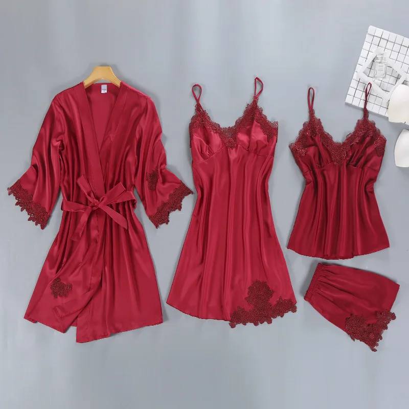 Women's Robe Gown & Sets Lace Bathrobe 4 Pieces Sleepwear Women Sleep Set Faux Silk Night Dress Femme Lingerie With Chest Pads
Women's Robe Gown & Sets Lace Bathrobe 4 Pieces Sleepwear Women Sleep Set Faux Silk Night Dress Femme Lingerie With Chest Pads