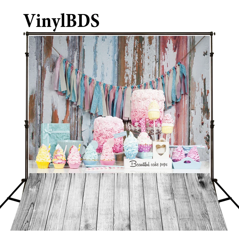 

VinylBDS детский фон для фотосъемки красочный торт деревянная стена пол цветы Фотография фоны для фотостудии фоны