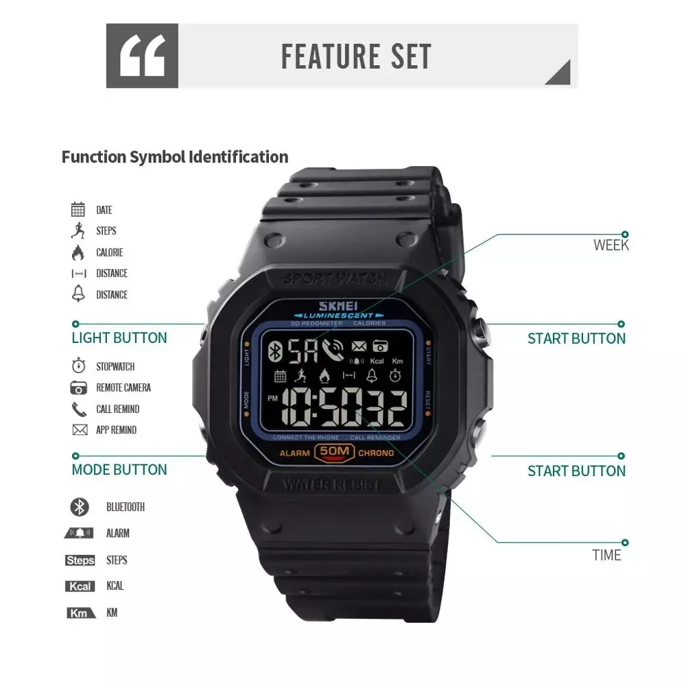 

SKMEI Men Digital Wrist Watch Bluetooth Call App Remind Distance 50M Waterproof Sports Watches Male Clock watch man 1629