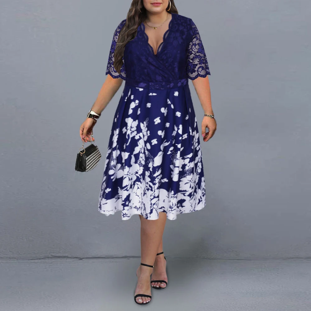 Floral Printed Plus Size Dress 2022 Summer Blue Lace Patchwork Elegant Dress for Party Club Women Short Sleeve Casual Midi Dress
Floral Printed Plus Size Dress 2022 Summer Blue Lace Patchwork Elegant Dress for Party Club Women Short Sleeve Casual Midi Dress