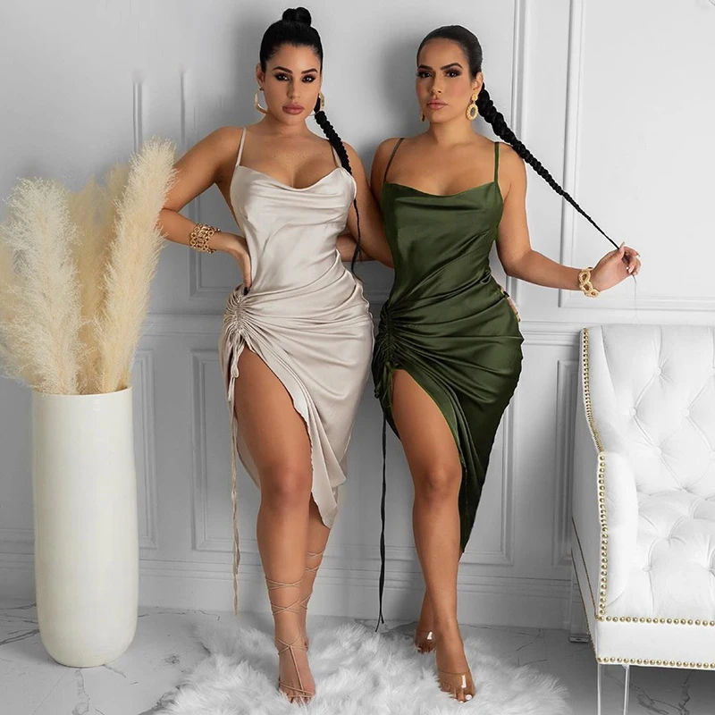 2021 Summer Women's Sleeveless Pleated Satin Dress with Drawstring Thin Straps High Neck Halter Dress for Ladies Party Sexy
2021 Summer Women's Sleeveless Pleated Satin Dress with Drawstring Thin Straps High Neck Halter Dress for Ladies Party Sexy