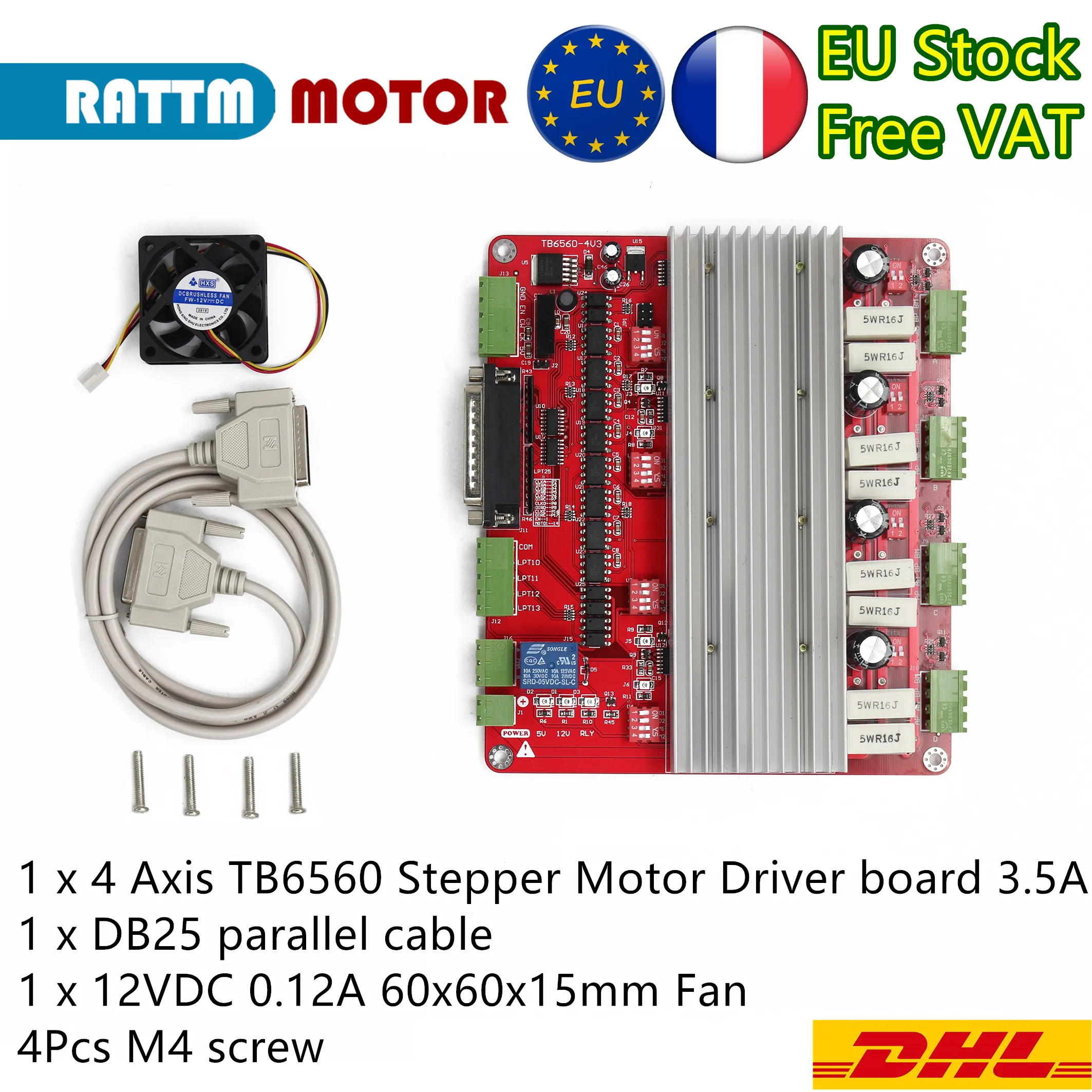 『EU Free Duty』CNC 4 Axis MACH3 TB6560 Stepper Motor Controller Board 3.5A DB25 Port + DC12V 0.12A fan for CNC Router Machine
『EU Free Duty』CNC 4 Axis MACH3 TB6560 Stepper Motor Controller Board 3.5A DB25 Port + DC12V 0.12A fan for CNC Router Machine