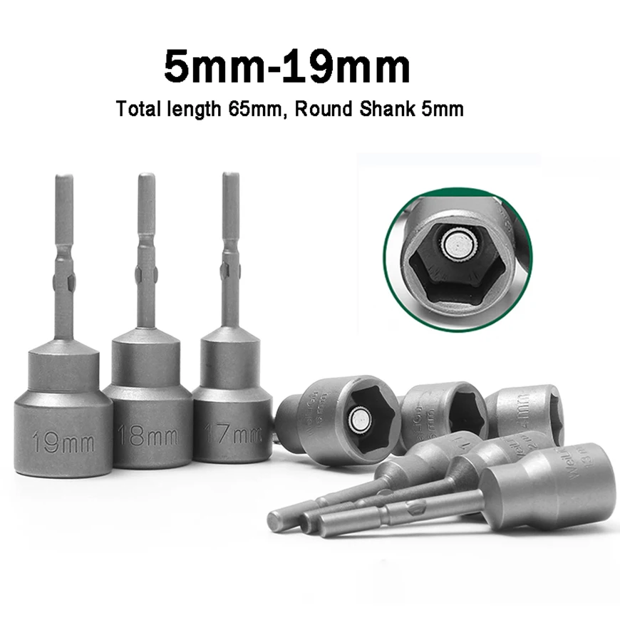 

5PCS 65mm Length Magnetic Hex Nut Driver Wrench Screwdriver 5mm - 19mm Metric Socket Sleeve Impact Drill Bit 5mm Round Shank