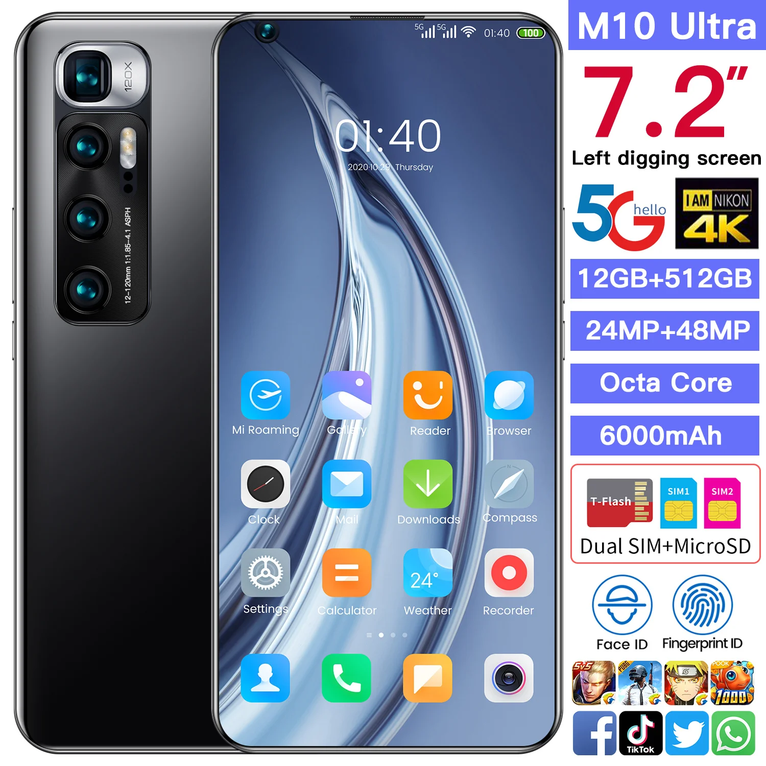 7.2 Inch M10 Ultra Snapdragon 865 Smartphone 48MP Rear Quad Camera Selfie 12GB+512GB Android 10.0 Global Version Phone
7.2 Inch M10 Ultra Snapdragon 865 Smartphone 48MP Rear Quad Camera Selfie 12GB+512GB Android 10.0 Global Version Phone