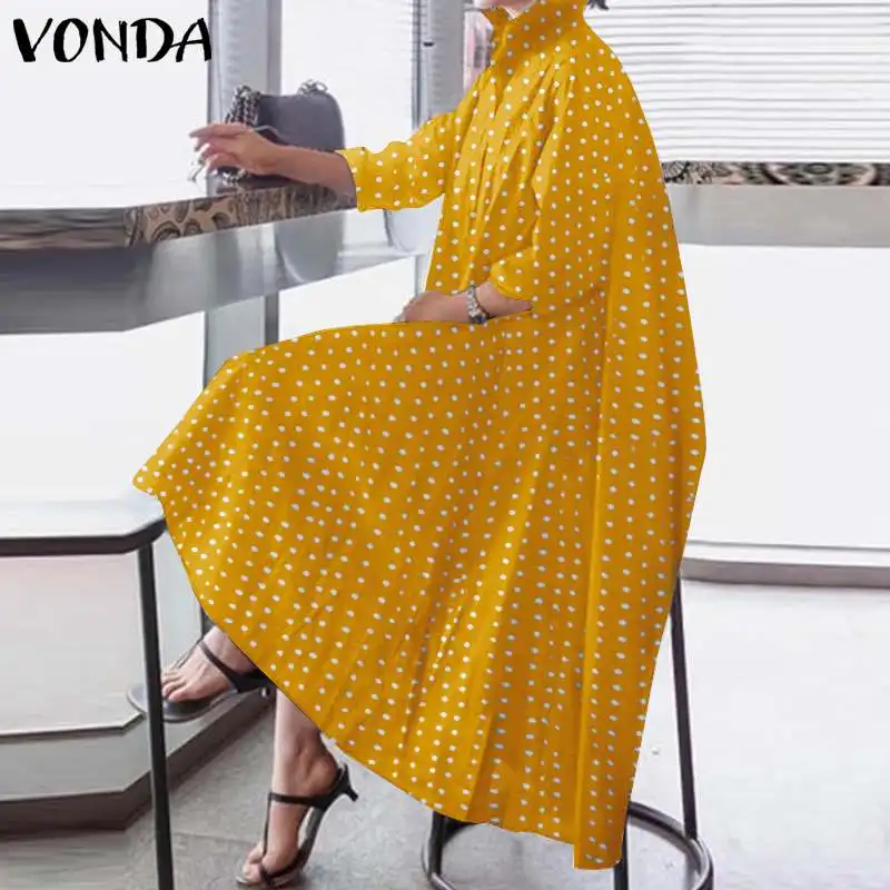 Vintage Women Polka Dot Printed Shirt Dress 2021 VONDA Office Ladies Sundress Fashion Asymmetric Party Maxi Long Dress Vestidos 
Vintage Women Polka Dot Printed Shirt Dress 2021 VONDA Office Ladies Sundress Fashion Asymmetric Party Maxi Long Dress Vestidos