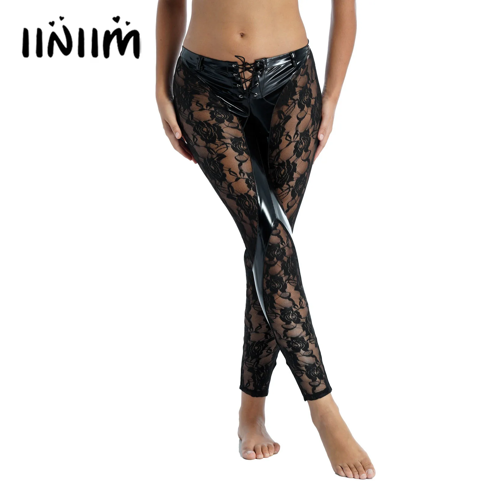 Womens Lace-up Patent Leather Skinny Pants Ladies Legging Low Waist See-through Lace Patchwork Skinny Trousers for Night Out
Womens Lace-up Patent Leather Skinny Pants Ladies Legging Low Waist See-through Lace Patchwork Skinny Trousers for Night Out