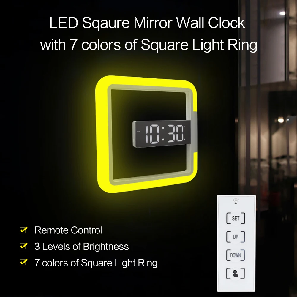 Digital RGB Sqaure Mirror Wall Clock Hollow LED Clock Wall Mounted Alarm Clock Snooze Temperature Detection 7 Colors RGB Light
Digital RGB Sqaure Mirror Wall Clock Hollow LED Clock Wall Mounted Alarm Clock Snooze Temperature Detection 7 Colors RGB Light