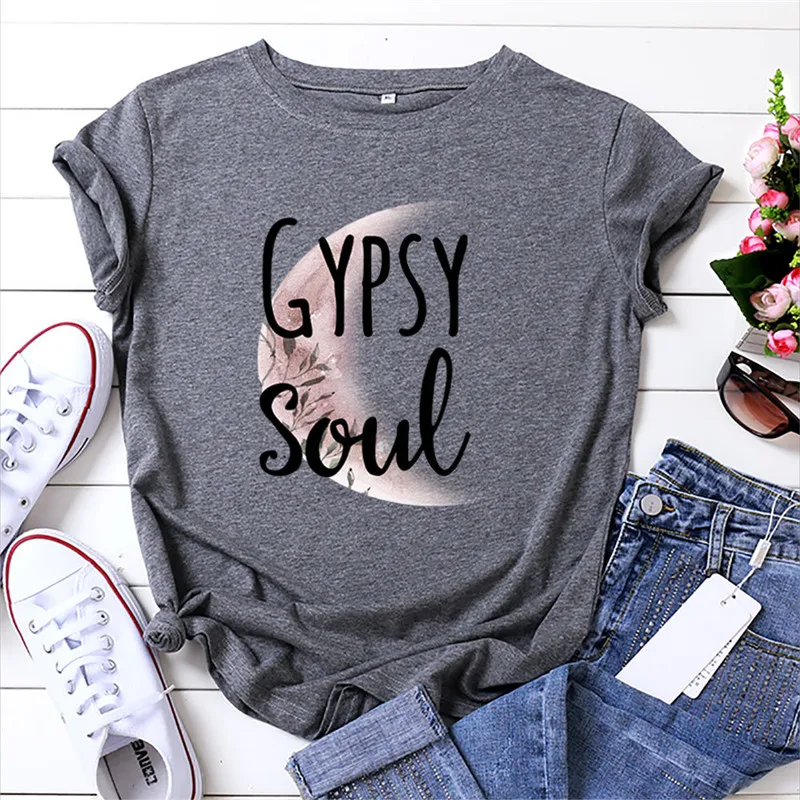 100% Cotton Moon T Shirt Women Summer Plus Size Gypsy Soul Letter Print Short Sleeve Fashion Graphic Tshits Female Gray Tops
100% Cotton Moon T Shirt Women Summer Plus Size Gypsy Soul Letter Print Short Sleeve Fashion Graphic Tshits Female Gray Tops