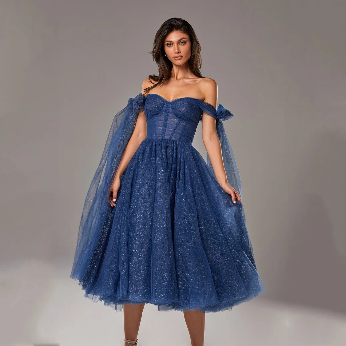 Blue tulle strapless bow shining prom formal party dress plus size custom 
Blue tulle strapless bow shining prom formal party dress plus size custom