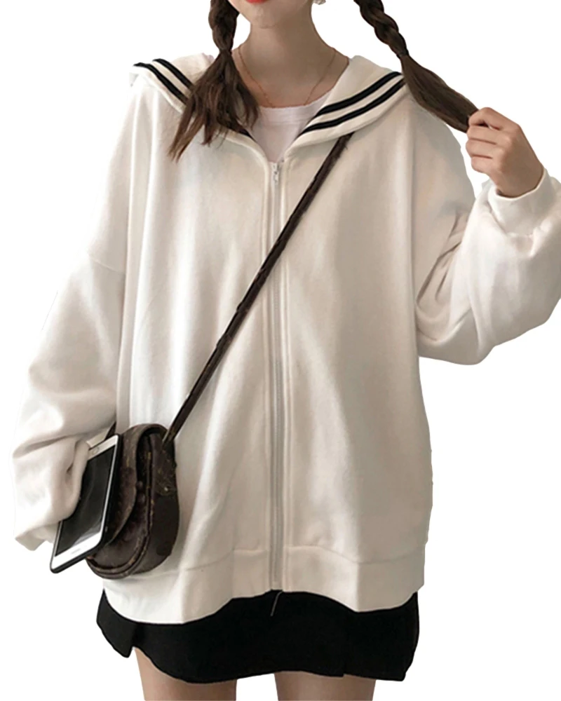 Sailor Collar Sweatshirt Women Casuald Zip Up Sweatshirt Autumn Top Cute Jacket Jk Uniform Harajuku Preppy Style Kawaii Hoodie 
Sailor Collar Sweatshirt Women Casuald Zip Up Sweatshirt Autumn Top Cute Jacket Jk Uniform Harajuku Preppy Style Kawaii Hoodie