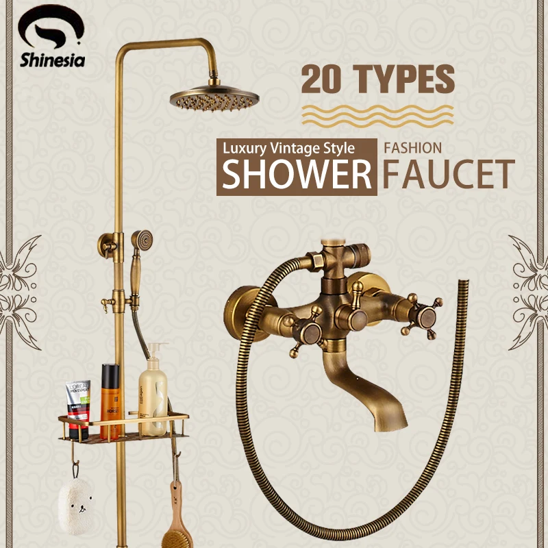 Shinesia Antique Brass Bathroom Shower Set Faucet With Commodity Shelf Hangers 8" Rainfall Head Wall Mounted Bath Mixer Tap
Shinesia Antique Brass Bathroom Shower Set Faucet With Commodity Shelf Hangers 8" Rainfall Head Wall Mounted Bath Mixer Tap
