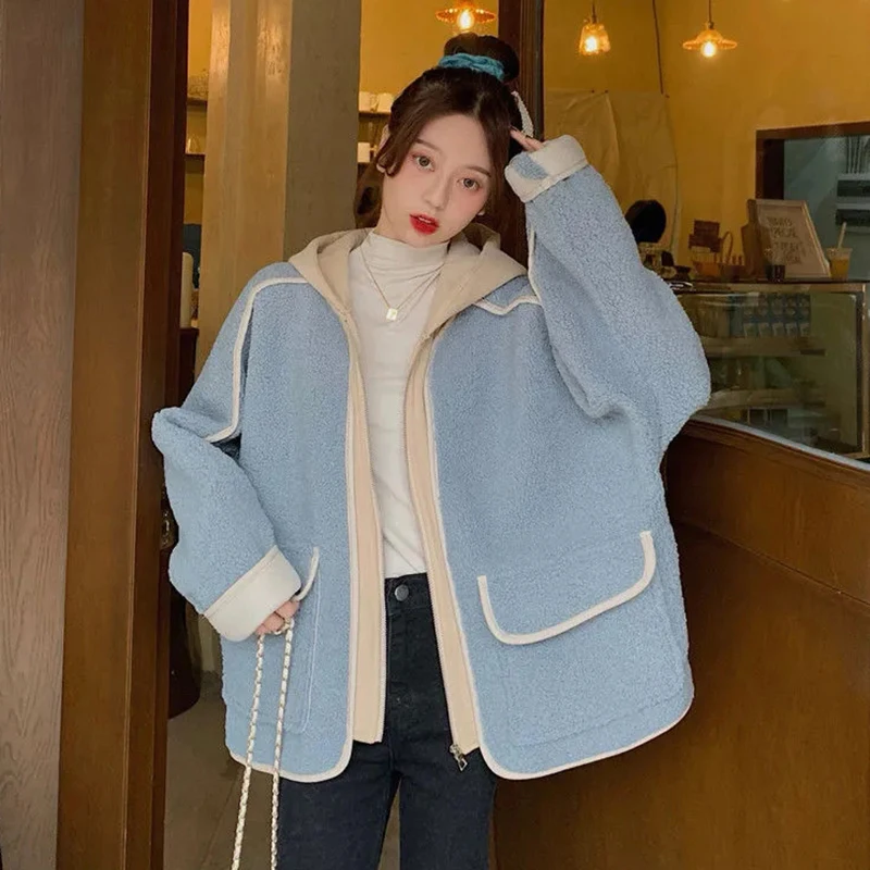 Simple Basic Splicing Fake Two Pieces Thick Lamb Wool Student Coats Women Winter Sweet Hooded Big Pocket Warm Oversized Jackets
Simple Basic Splicing Fake Two Pieces Thick Lamb Wool Student Coats Women Winter Sweet Hooded Big Pocket Warm Oversized Jackets