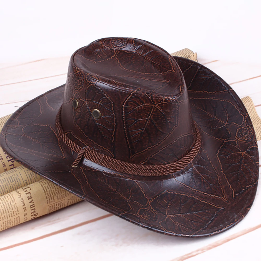 

New Large Brim Leather Cowboy Hat Flat Top Men's Leaves Printed Felt Wide Brim Bucket Hats Man For Men Women Fedora Swanowing