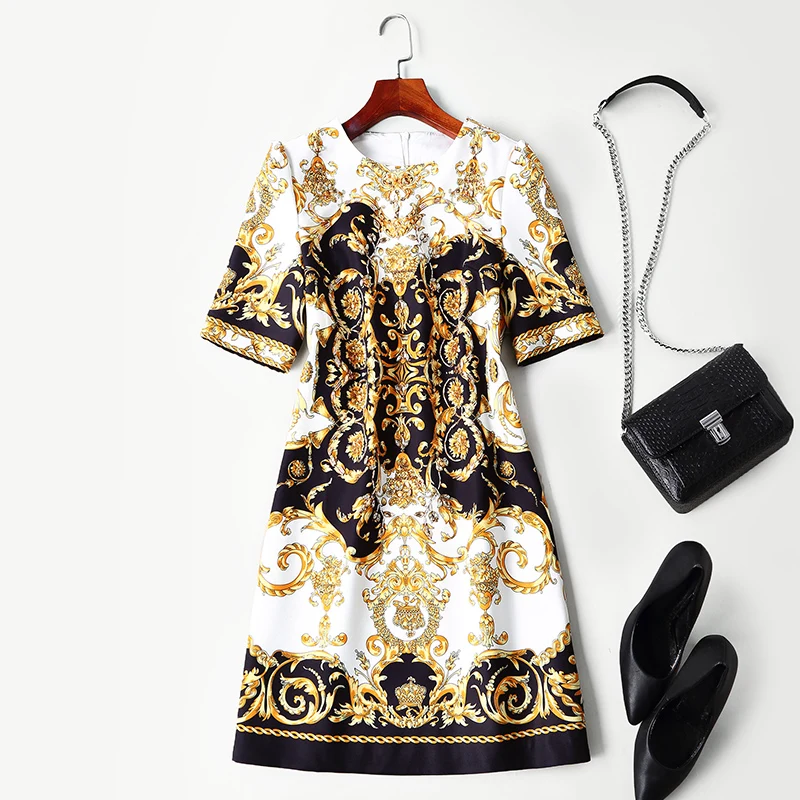 New clothes European American brand high end boutique OL commuter short sleeved totem show thin temperament dress
New clothes European American brand high end boutique OL commuter short sleeved totem show thin temperament dress