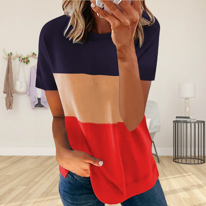 Spring And Summer Casual Loose Tshirts For Womens Cross Color Matching Round Neck Short-sleeved Shirt Hem Split womens tshirts
Spring And Summer Casual Loose Tshirts For Womens Cross Color Matching Round Neck Short-sleeved Shirt Hem Split womens tshirts