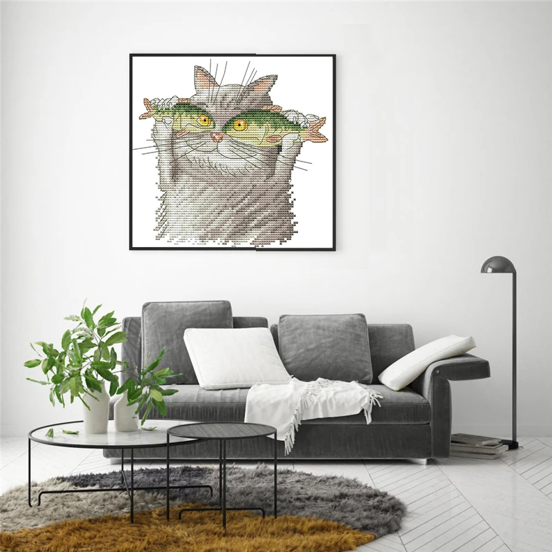 Joy Sunday Cross Stitch Cat I love Fish 11ct 14ct DIY Handwork Counted Printed Crossstitch kit DMC Embroidery Needlework Set | Дом и сад